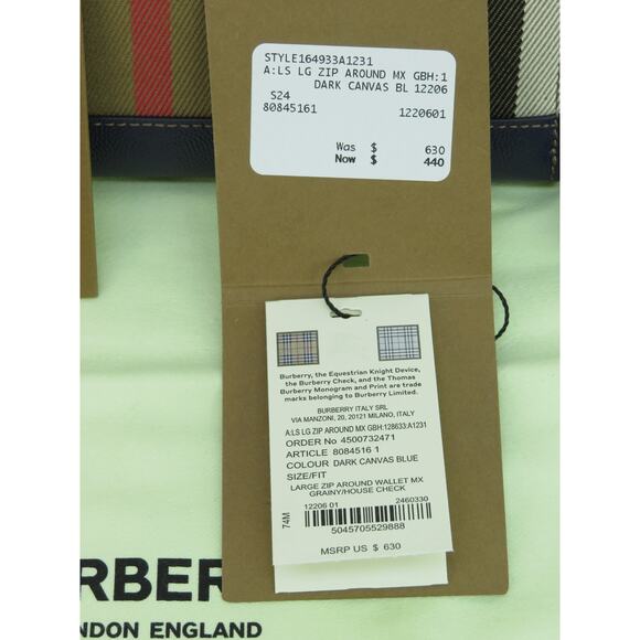 BURBERRY BLUE LEATHER TRIM ICON CHECK CANVAS ZIP AROUND CONTINENTAL WALLET $630 - Picture 12 of 12